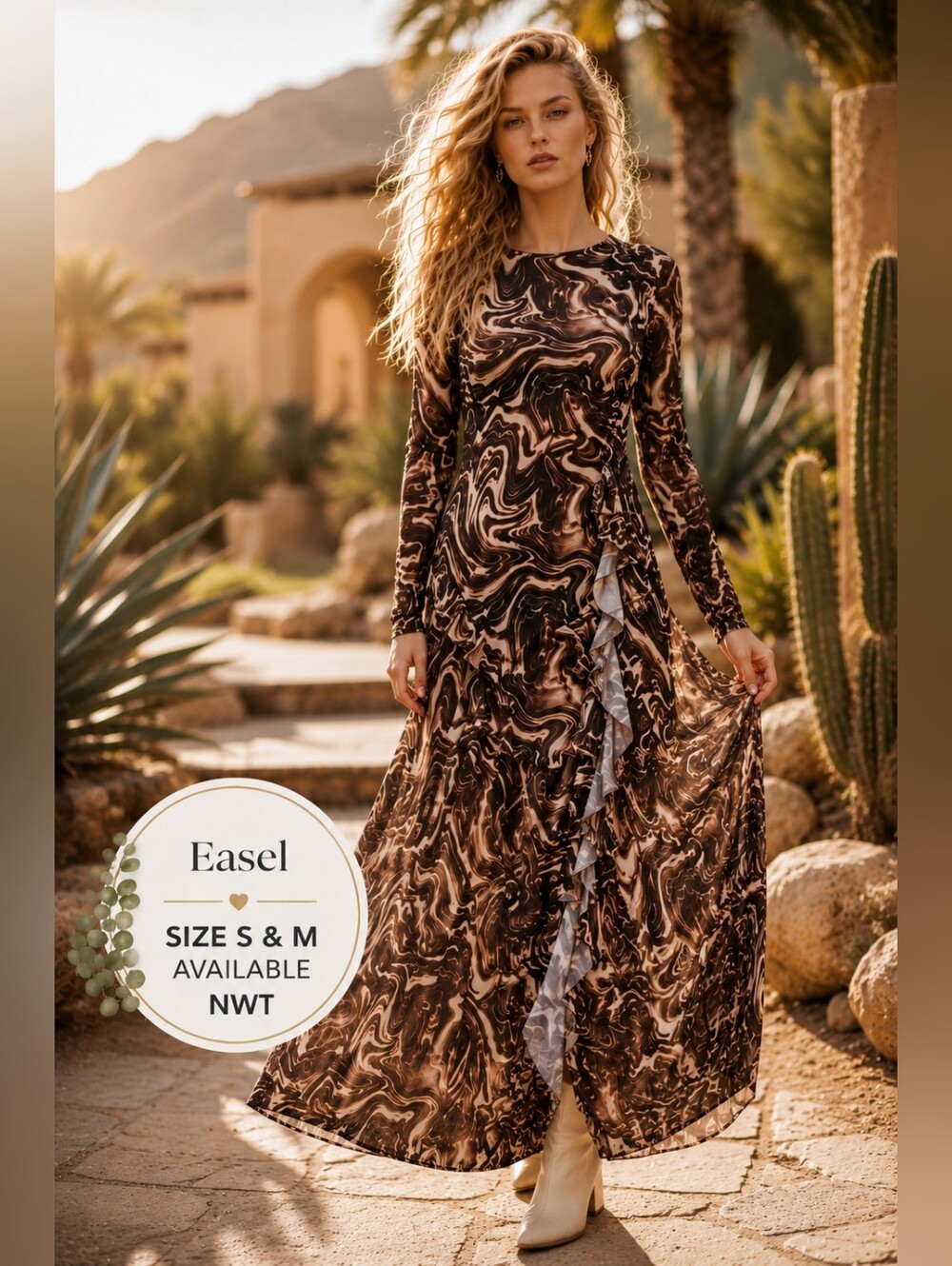 Easel Los Angeles NWT Brown Swirl Mesh Long Sleeve Ruffle Maxi Dress | Size M